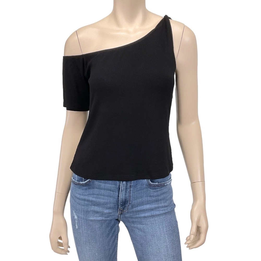 Truth by Republic Top Women Medium Black‎ Off Shoulder Short Sleeve Ribbed NWT